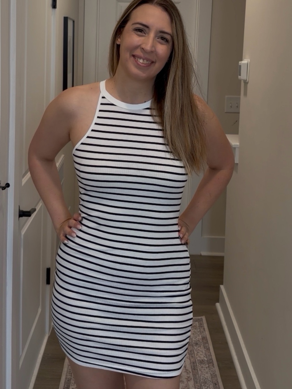 Amazon White & Black Striped Ribbed Halter Mini Dress